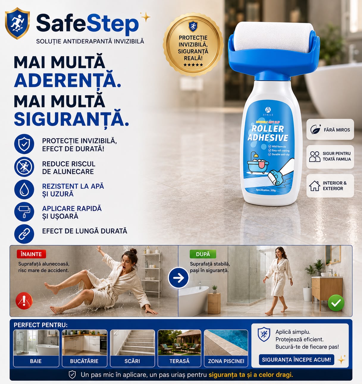 SafeStep™ – Soluție Antiderapantă Invizibilă cu Rolă Integrată