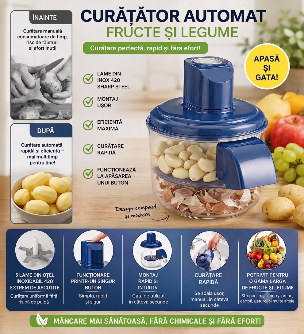 PeelMaster™ – Curățător Automat pentru Fructe și Legume
