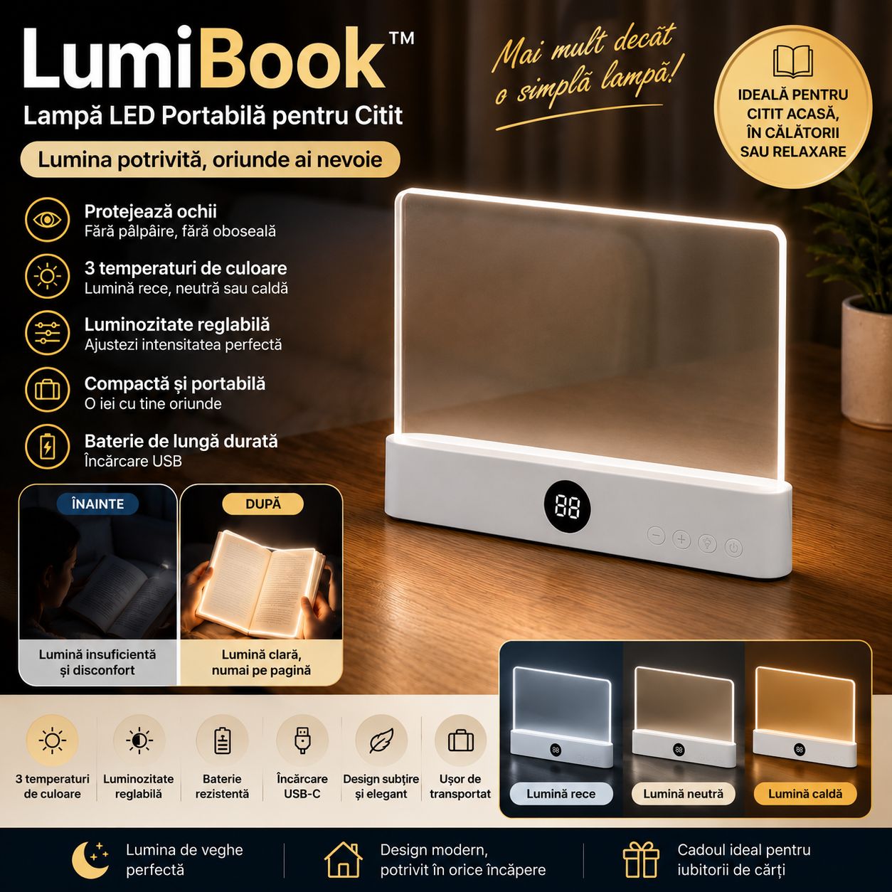 LumiBook™ – Lampă LED pentru Citit Reîncărcabilă