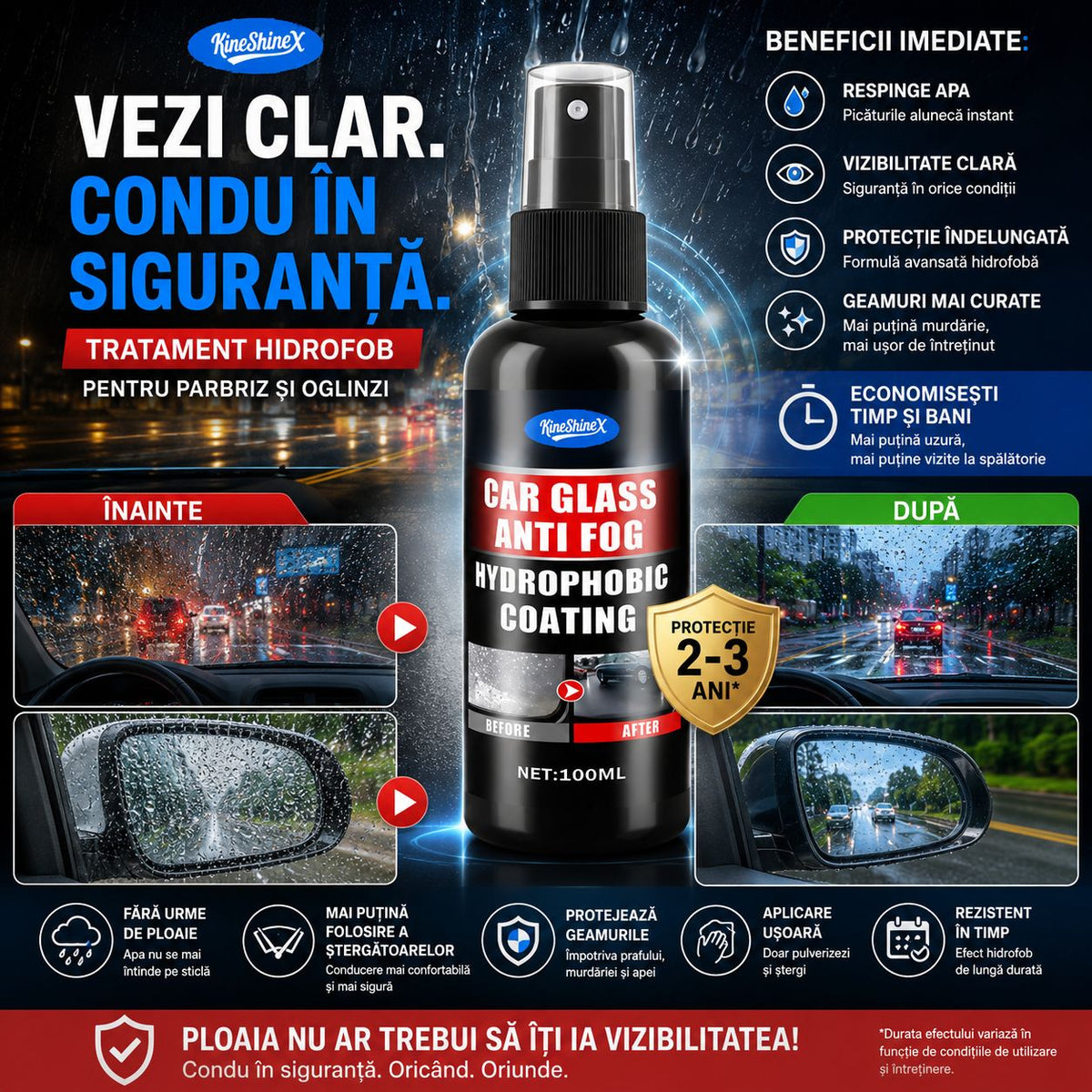 RainClear™ – Tratament Hidrofob pentru Parbriz și Oglinzi