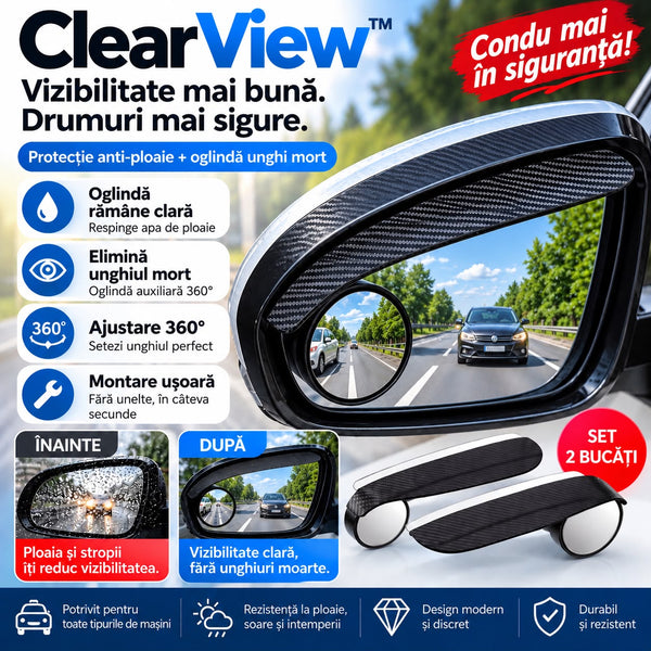 Set 2 Protecții Anti-Ploaie cu Oglindă Auxiliară 360° - ClearView™